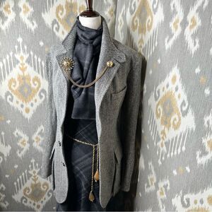 Ralph Lauren Fall 2020 Collection 
Charcoal Plaid Cashmere Knit Tie-Neck
Dress